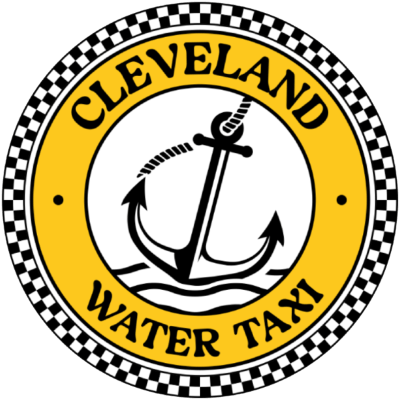 Logo with anchor and rope, text 'Cleveland Water Taxi' on yellow circle, checkered border.