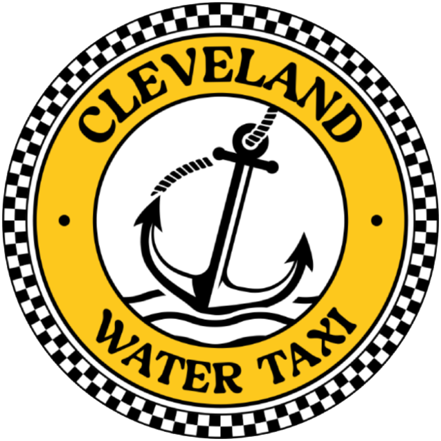 Logo with anchor and rope, text 'Cleveland Water Taxi' on yellow circle, checkered border.