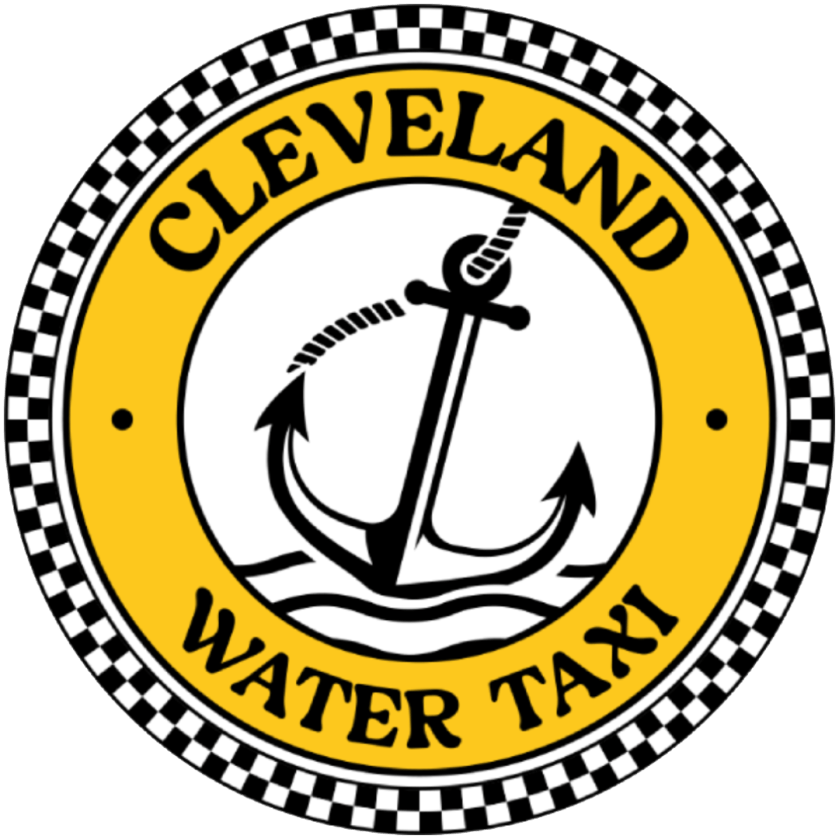 Logo with anchor and rope, text 'Cleveland Water Taxi' on yellow circle, checkered border.