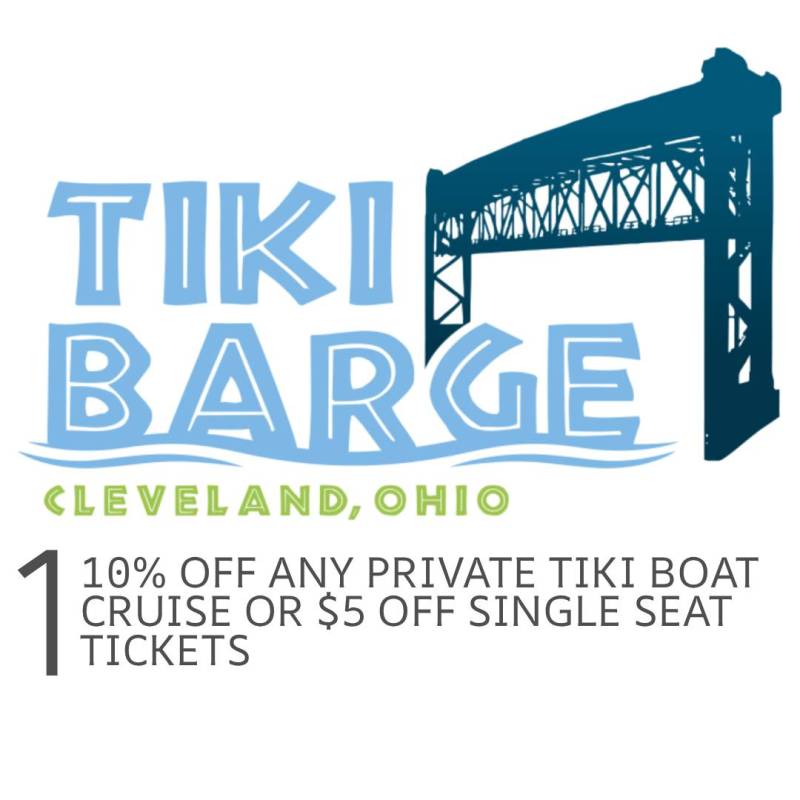 Tiki Barge Cleveland logo with bridge, offering boat cruise discounts.